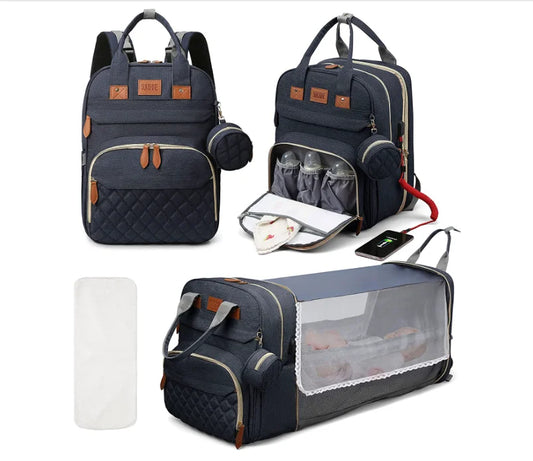 PackiGo™ 3-in-1 Wickeltasche | Rucksack & Babybett | Faltbare wasserdichte Reisetasche mit USB-Ladefunktion