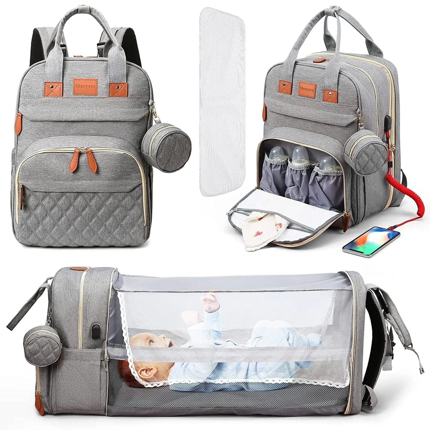 PackiGo™ 3-in-1 Wickeltasche | Rucksack & Babybett | Faltbare wasserdichte Reisetasche mit USB-Ladefunktion