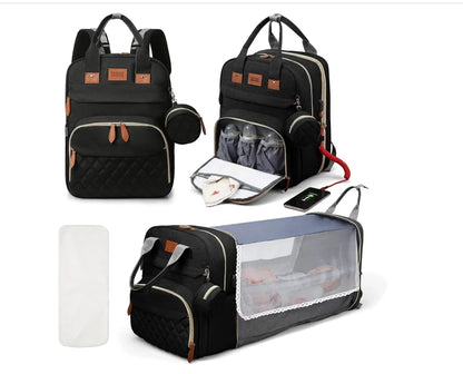 PackiGo™ 3-in-1 Wickeltasche | Rucksack & Babybett | Faltbare wasserdichte Reisetasche mit USB-Ladefunktion